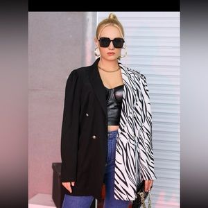 Zebra Striped Puff Sleeve Shawl Collar Coat